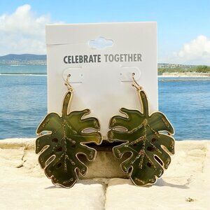 Celebrate Together 2 1/2” Gold/Green Palm Leaf Earrings-NWT